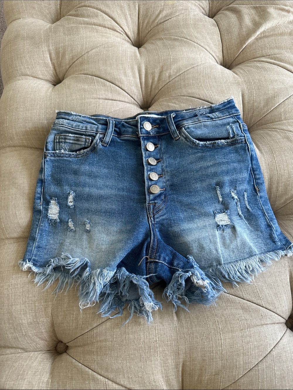 High-Rise Distressed Button-Fly Jean Shorts - Blue